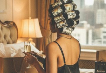 woman with money in rollers holding glass of wine