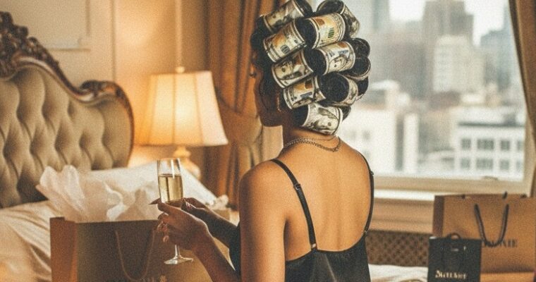woman with money in rollers holding glass of wine