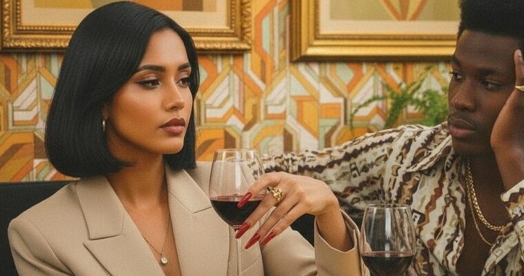 Dating Down the Pay Scale Without Explaining Yourself woman and man dating at a restaurant with wine