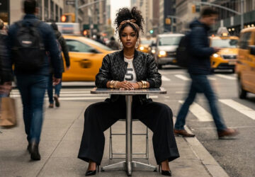 woman sitting at sidewalk cafe in new york city - world moving fast behind her