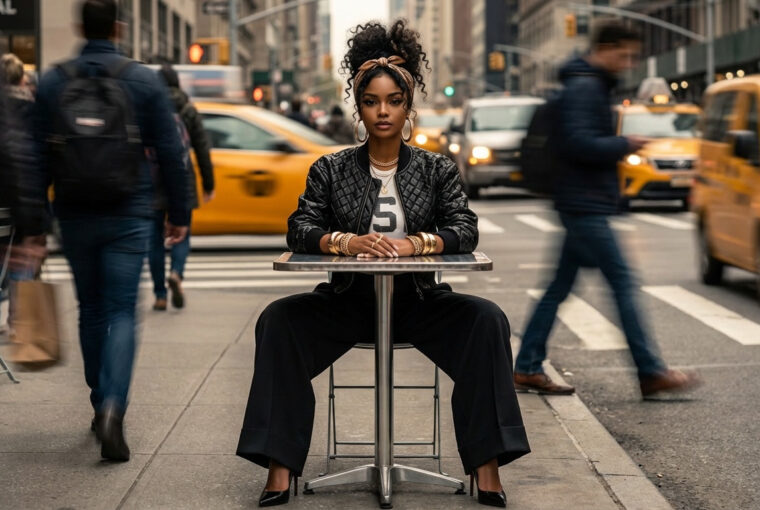 woman sitting at sidewalk cafe in new york city - world moving fast behind her