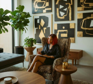 woman sitting in living room writing in journal