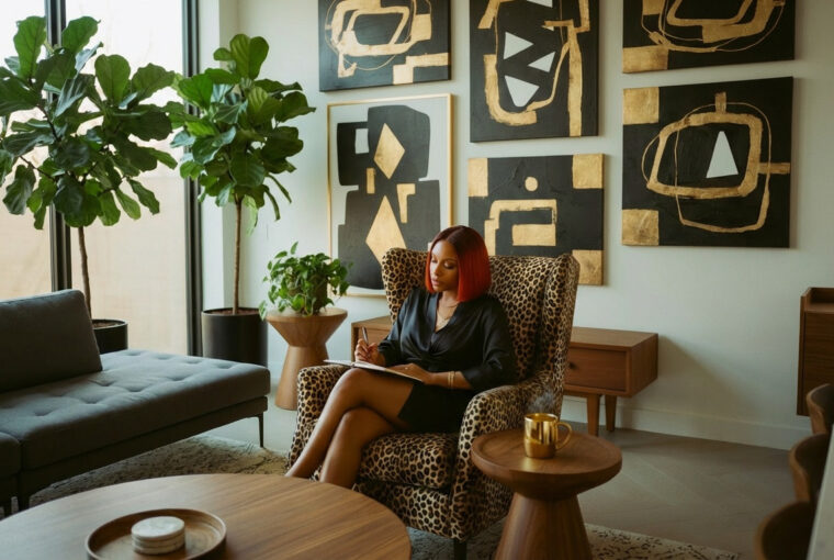 woman sitting in living room writing in journal